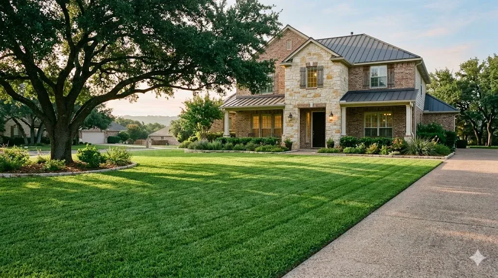 Healthy, well-maintained green lawn in front of a Georgetown, Texas home